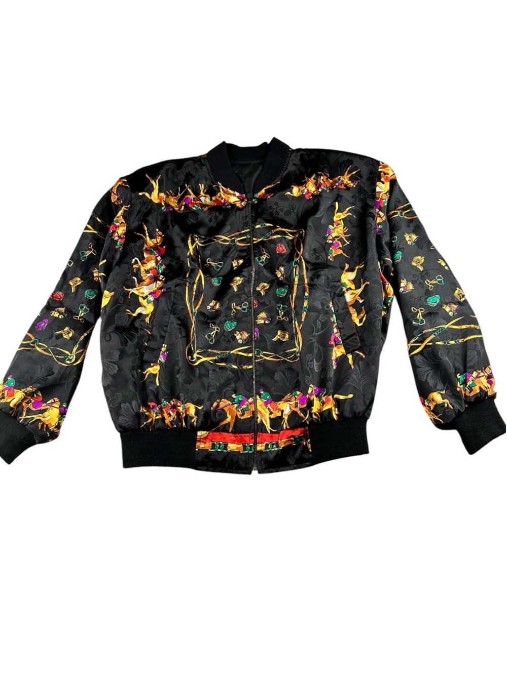 Vintage Style Equestrian Scarf Print Reversible Satin Bomber Jacket - Picture 5 of 12